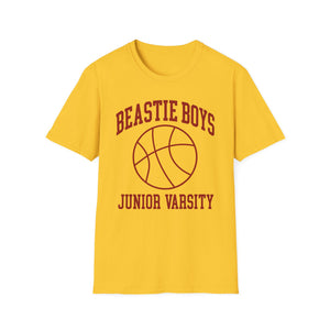 A yellow short-sleeve t-shirt with a dark red graphic on the front featuring the text 'JUNIOR VARSITY' surrounding a basketball illustration.