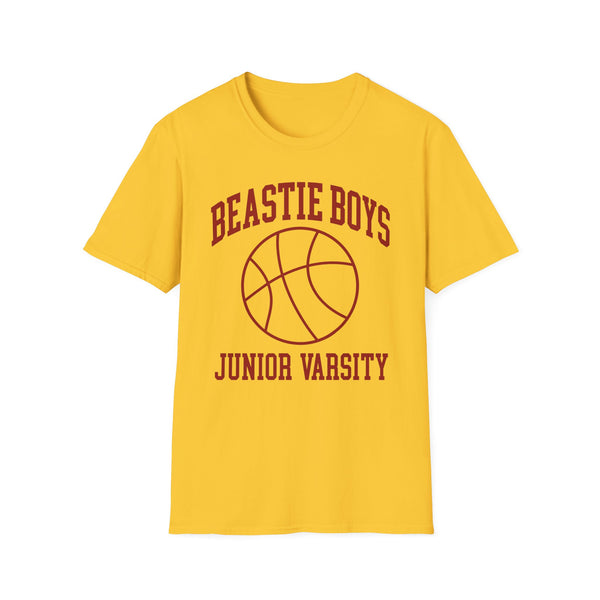 A yellow short-sleeve t-shirt with a dark red graphic on the front featuring the text 'JUNIOR VARSITY' surrounding a basketball illustration.