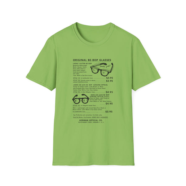 Original Be-Bop Glasses advertisement with styles, prices, and optical company information.