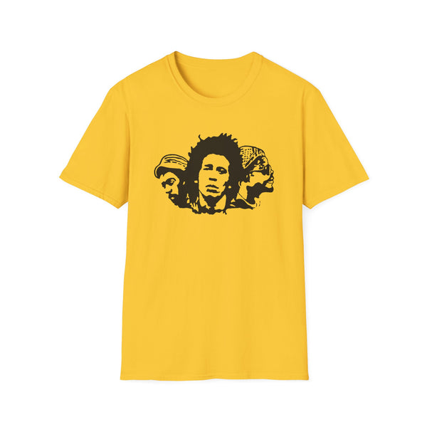 Yellow t-shirt with black artwork of Bob Marley and two other artists.