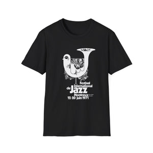 Black t-shirt with Montreux Jazz Festival 1971 poster design featuring a bird and trumpet.