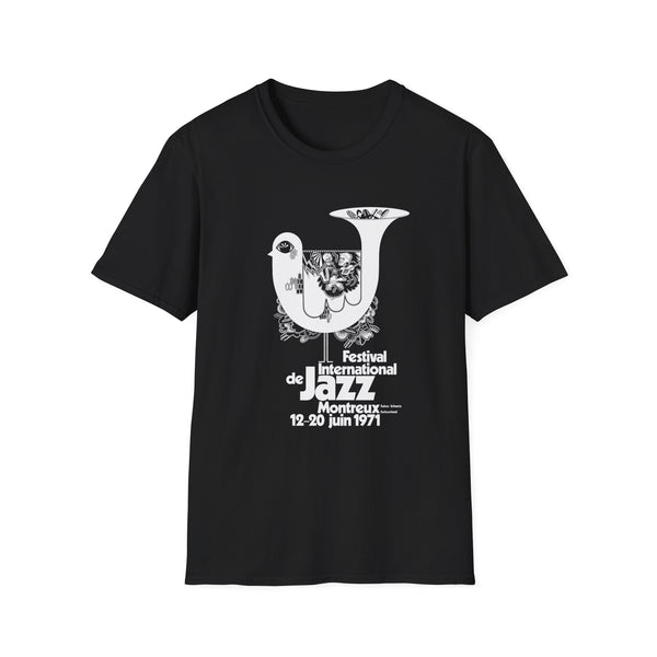 Black t-shirt with Montreux Jazz Festival 1971 poster design featuring a bird and trumpet.