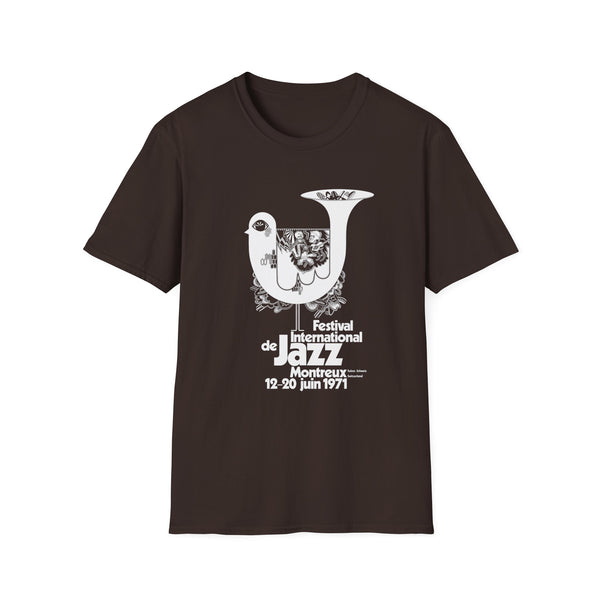 Brown t-shirt with Festival International de Jazz Montreux 1971 graphic.