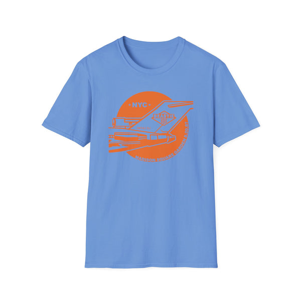 Blue t-shirt with orange graphic of Madison Square Garden event details.