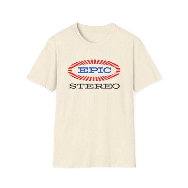 Cream t-shirt with the Epic Stereo logo in blue and red.