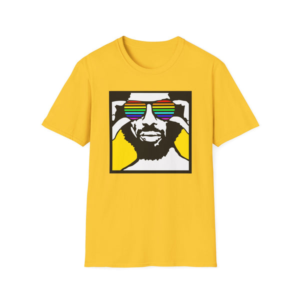 Yellow t-shirt with black and white graphic of a person wearing rainbow sunglasses.