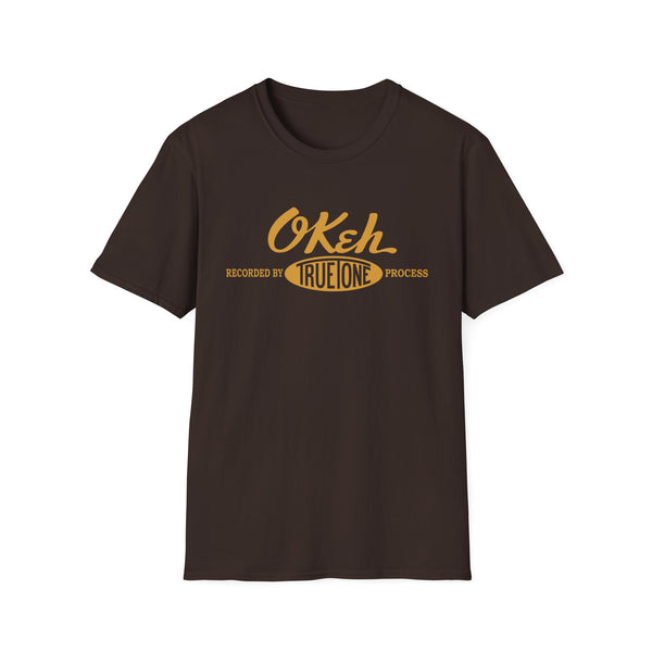Dark brown t-shirt with yellow "OKeh" logo and "Recorded by True Tone Process" text.