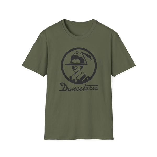 Olive green t-shirt with a black circular logo and text that reads "Danceteria".