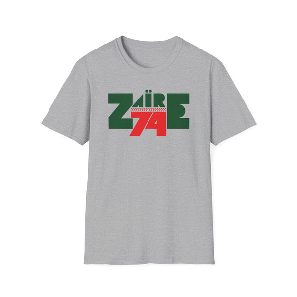Grey t-shirt with "Zaire 74" graphic in green and red.