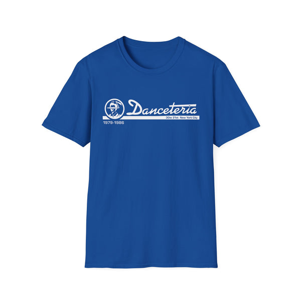 Royal blue t-shirt with white "Danceteria 1979-1986 30w 21st New York City" graphic.