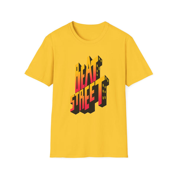 Yellow t-shirt with 3D "BEAT STREET" lettering featuring city skyline elements.