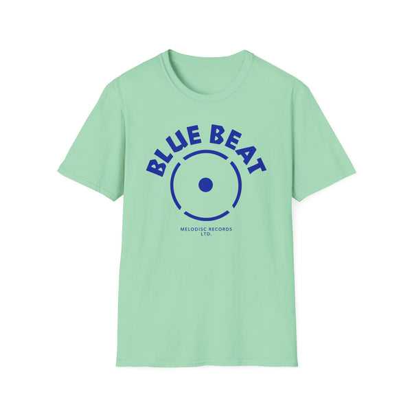 Light green t-shirt with "BLUE BEAT" in blue text and a record label graphic.