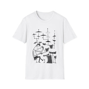 White t-shirt with a black graphic of a drummer playing drums.