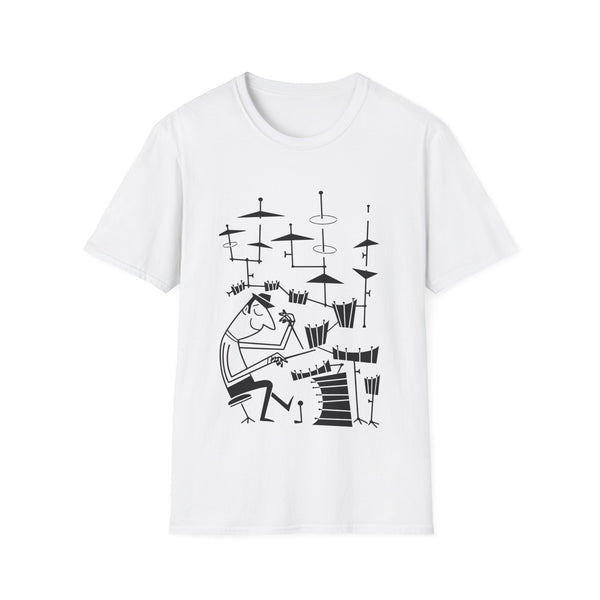 White t-shirt with a black graphic of a drummer playing drums.