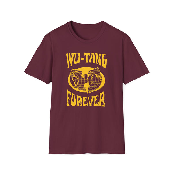 Maroon t-shirt with yellow Forever logo and globe artwork.