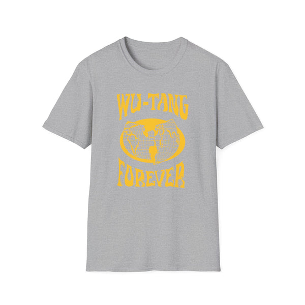 Grey t-shirt with yellow Forever text and globe graphic.