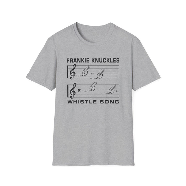 Grey t-shirt with "Frankie Knuckles" and musical notes with whistles.