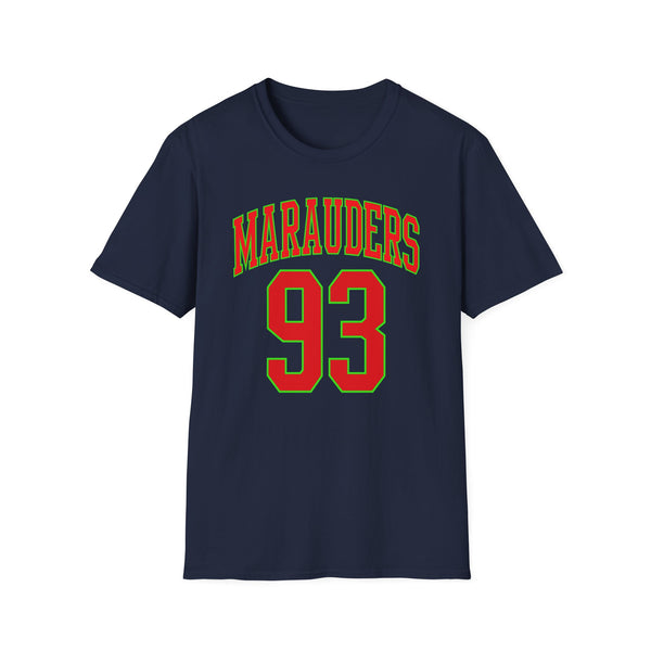 Dark blue t-shirt with "Marauders 93" printed in red and green letters.