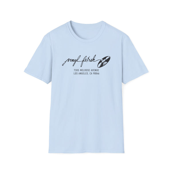 Light blue t-shirt with "vinyl fetish" text and vinyl record graphic.