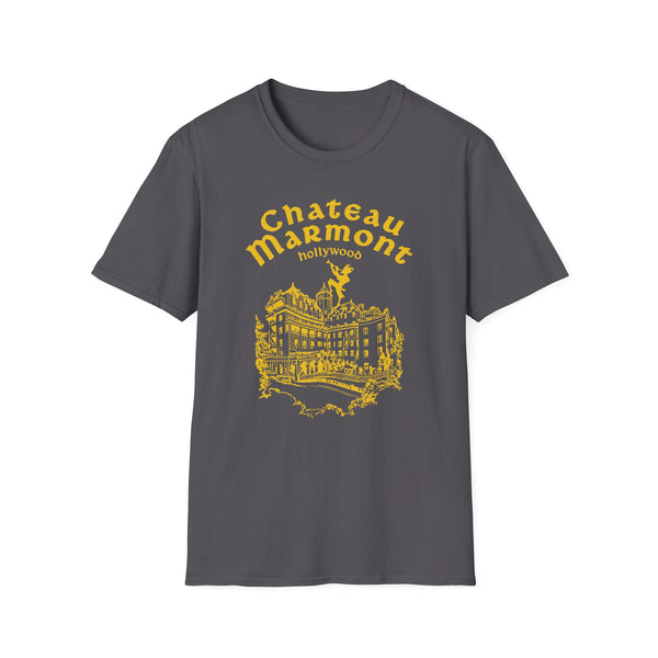 Dark gray t-shirt with yellow Chateau Marmont Hollywood graphic and building illustration.