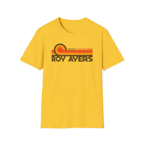 Yellow t-shirt with "ROY AYERS" and "EVERYBODY LOVES THE SUNSHINE" text.