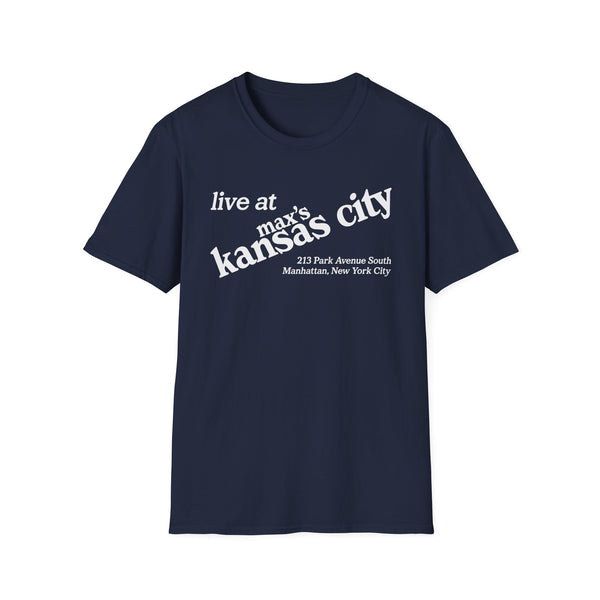 Navy t-shirt with "live at max's kansas city" and address.