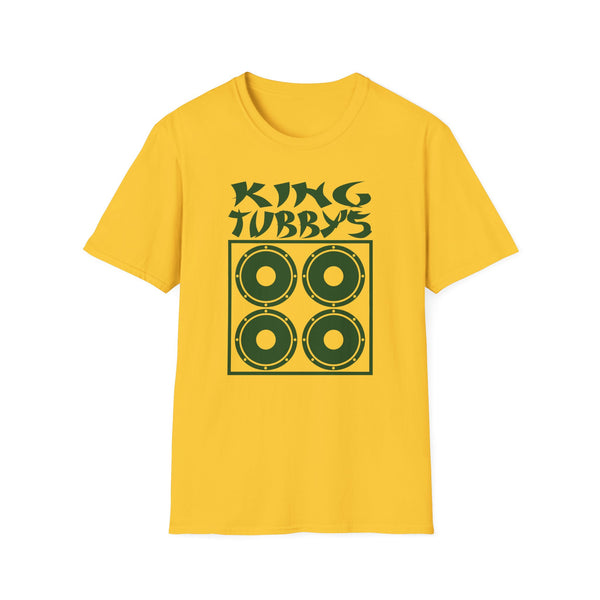 Yellow t-shirt with King Tubby's logo featuring a speaker cabinet graphic.
