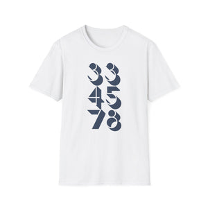 White t-shirt with navy blue graphic numbers 33, 45, and 78 in two columns.