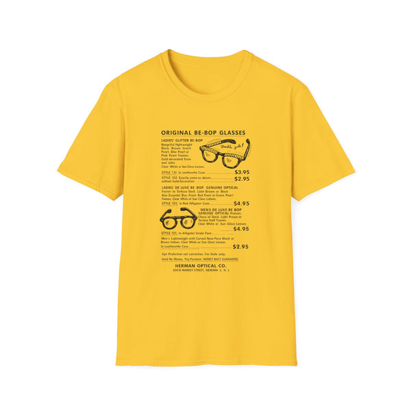 Yellow t-shirt featuring "Original Be-Bop Glasses" with product descriptions and illustrations.