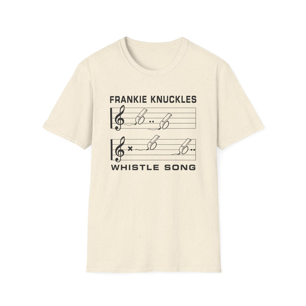 Cream t-shirt with "Frankie Knuckles Whistle Song" text and musical staff with whistles.