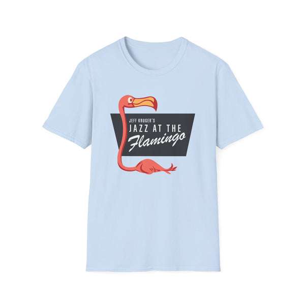 Light blue t-shirt with a stylized flamingo and the text "Jeff Kruger's Jazz at The Flamingo".