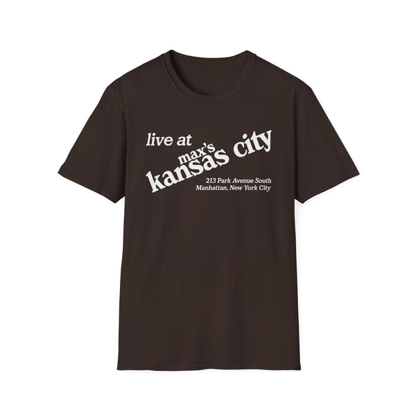 Brown t-shirt with "live at max's kansas city" and address
