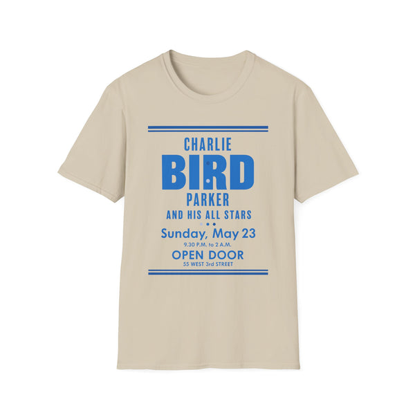 Tan t-shirt with blue text "Charlie Bird Parker and His All Stars".