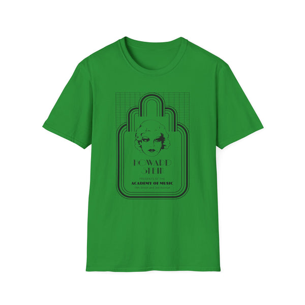 Green t-shirt with black graphic of a face and "HOWARD STEIN PRESENTS AT THE ACADEMY OF MUSIC" text.