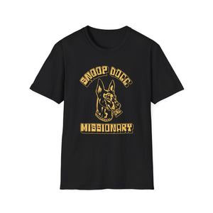 Black t-shirt with gold text "Missionary" and dog head graphic.