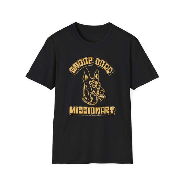Black t-shirt with gold text "Missionary" and dog head graphic.