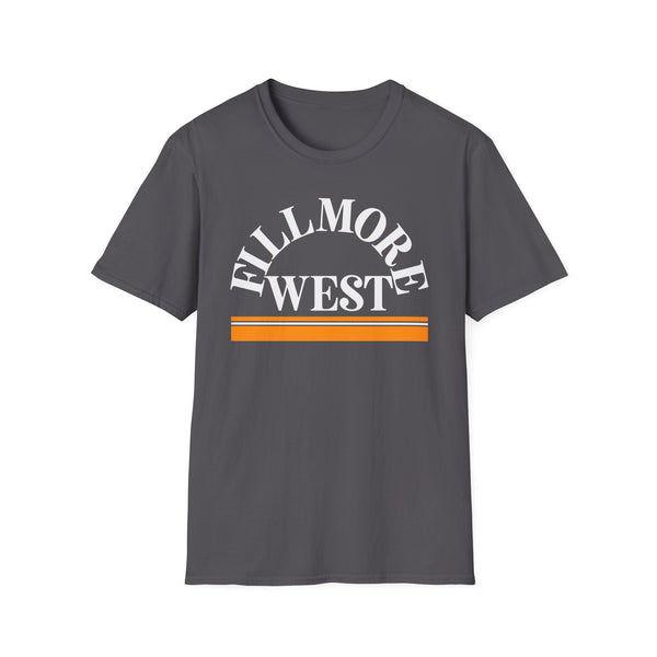 Dark gray t-shirt with white text "FILLMORE WEST" and orange stripes.