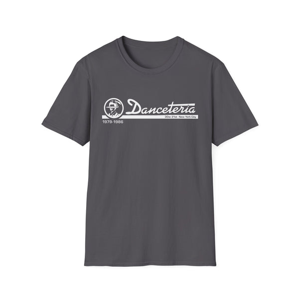 Dark gray t-shirt with white "Danceteria" logo and "1979-1986 30w 21st New York City".
