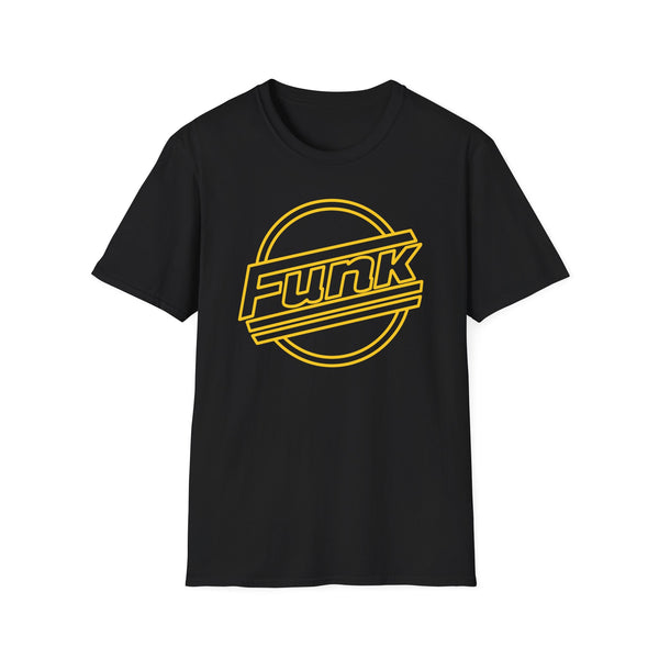 Black t-shirt with yellow "Funk" text in a circular graphic.