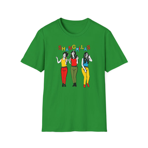 Green t-shirt with colorful "SHANGRI-LAS" text and three women in colorful outfits.