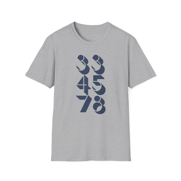 Grey t-shirt with a vertical dark blue graphic of numbers 33, 45, and 78.