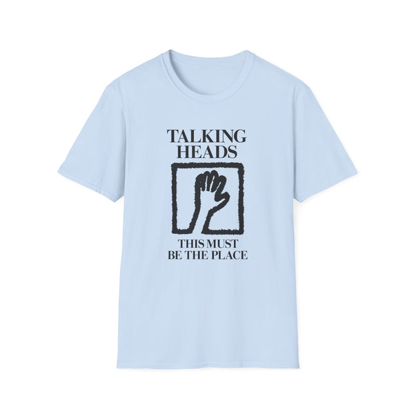 Light blue t-shirt with black "Talking Heads" text and a hand icon.