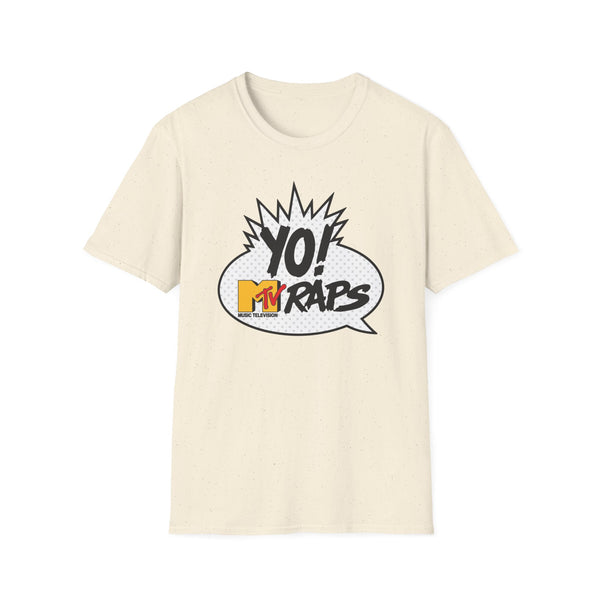 Cream t-shirt with "YO! MTV RAPS MUSIC TELEVISION" in a comic-style speech bubble graphic.