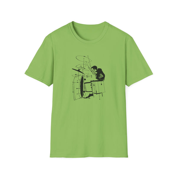 Green t-shirt with a black ink sketch of a drummer on a drum set.