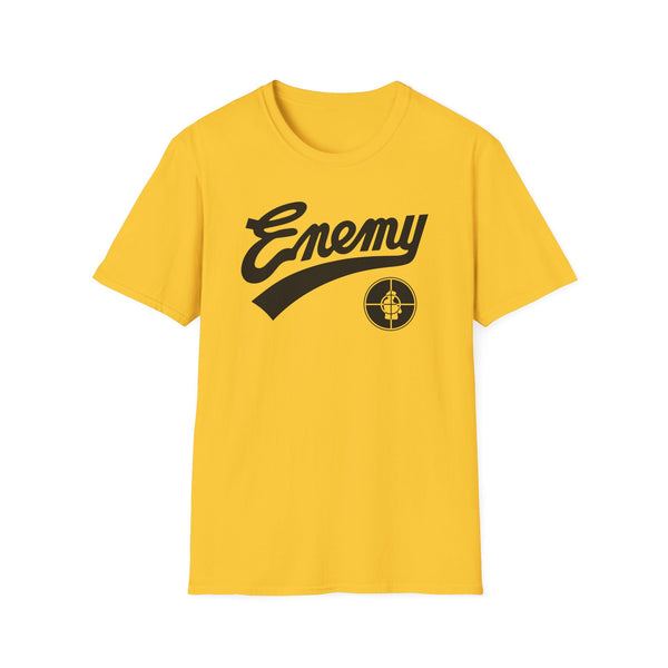 Yellow t-shirt with black "Enemy" logo and crosshairs icon.