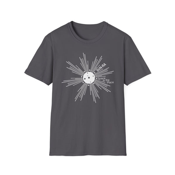 Dark gray t-shirt with white SUN-RA "Space is the Place" graphic and sunburst design.