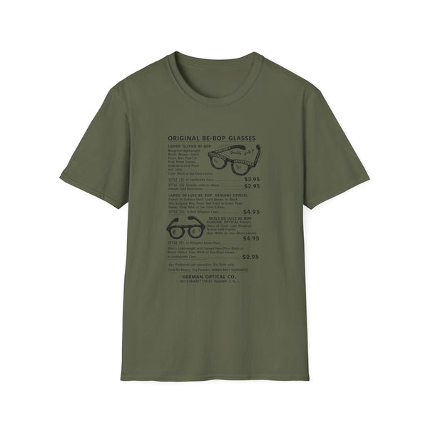 Olive green t-shirt with print detailing multiple styles of vintage glasses and their prices.