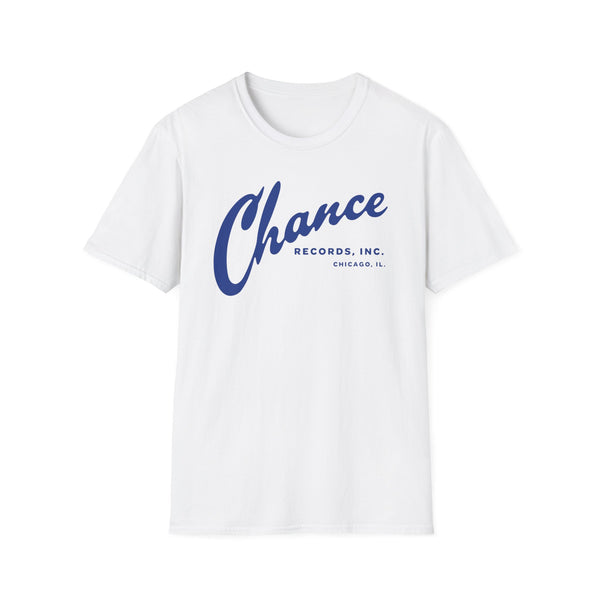 White t-shirt with blue 'Chance Records, Inc. Chicago, IL.' logo.