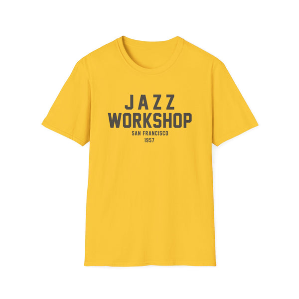 Yellow t-shirt with "Jazz Workshop San Francisco 1957" text.
