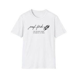 White t-shirt with "vinyl fetish" and address printed in black.